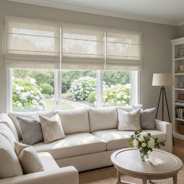 Custom Semi-Blackout Linen Roman Shades in Taupe - Diycurtain