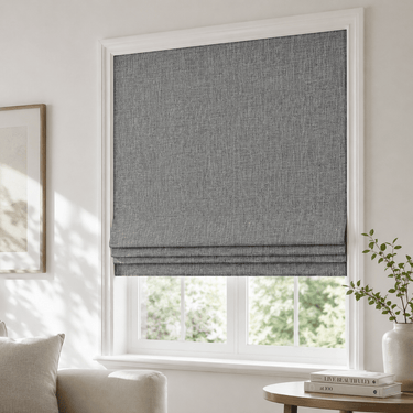 Custom Bamboo-Texture Linen Blackout Roman Shades in Heather Grey - Diycurtain