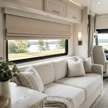 Custom RV Linen Blackout Roman Shades in Morning Mist Grey - Diycurtain